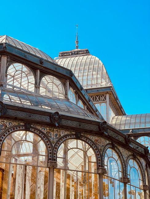 A wide view of Crystal Palace Park shows a well-maintained lawn with neatly trimmed grass and symmetrical flower beds adorned with small, conical-shaped evergreen trees. The paved walkways on either s